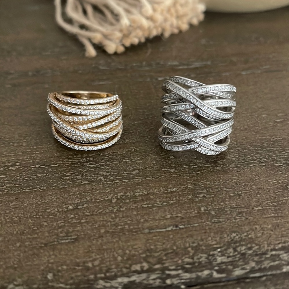 2 Platinum Sterling Silver and Gold SS White Sapphire Pave Set Rings Size 7